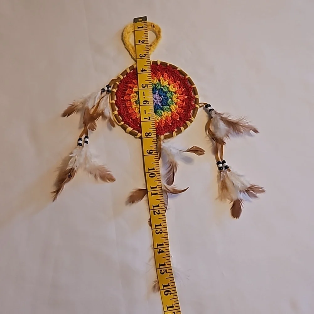 Hand Crafted crochet dream catcher rainbow colors textile art handmade holiday